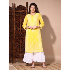 New Lucknowi Yellow Georgette Chikankari Kurti Full Embroidery Work Kurta Set with Matching Slip Matching Chikankari Sharara Set Size 38-44
