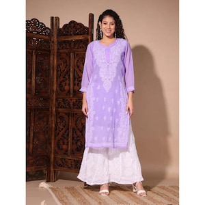 New Lucknowi Purple Georgette Chikankari Kurti Full Embroidery Work Kurta Set with Matching Slip Matching Chikankari Sharara Set Size 38-44