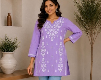 Purple Modal Chikankari Kurti: Hand Embroidered Lucknowi Top, Boho Ethnic Kameez