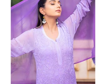 New Premium Dyeable Pure Viscose Resham Work Kurti Front Jaal Kurta | Lucknowi Chikankari Long Kurti for Women with White Viscose Pant 36-48