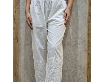 Plus Size Cotton Pant White Chikankari Pant: Hand Embroidered White Pant for Women| Both Side Pocket | Lucknowi Embroidery, Boho Beach Style