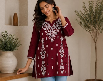 Hand Embroidered Chikankari Kurti: Maroon Modal Lucknowi Top