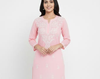 Pink Chikankari Short Cotton Kurti: Hand Embroidered Pink Kurta Top | Traditional Indian Tunic Top | Boho Summer Wear for Women Size 38-46