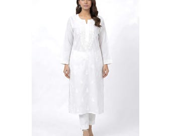 Kurti de algodón blanco bordado a mano: Kurta de algodón con patrón de baile lateral recto de Lucknowi / Salwaar Kameez de algodón blanco indio con pantalón blanco