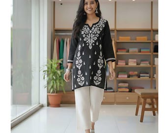 Chikankari Black Short Kurti: Modal Fabric Hand Embroidered Lucknowi Top Kurta | Indian Short Kurti | Boho Ethnic Wear Short Kameez 38-46