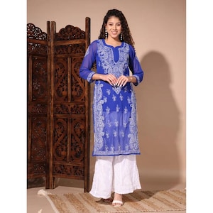 New Lucknowi Blue Georgette Chikankari Kurti Full Embroidery Work Kurta Set with Matching Slip Matching Chikankari Sharara Set Size 38-44