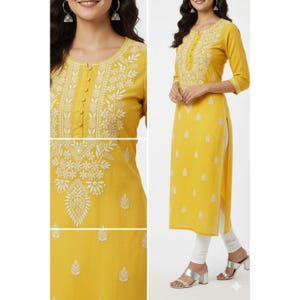 Chikankari Yellow Cotton Kurti: Indian Salwaar Kameez Women | Lucknowi Kurti/Kurta for Girls | Hand Embroidered Pure Cotton Kurta for Women image 4