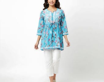 Chikankari Short Cotton Kurti | Malmal Hand Embroidered Short/Top Kurta for Women | Boho Summer Wear Kurti Set | Lucknowi Ethnic Kurta Top