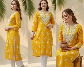 Yellow Chikankari Cotton Kurti: Hand Embroidered Straight Cotton Kurta/Kurti for Women | Pure Cotton Salwaar Kameez | White Lycra Pant Set