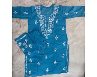New Lucknowi Sky Blue Cotton Kurta Set Chikankari kurta and Palazzo Set Handwork with Ghaspatti work Cotton Fabric Cotton All Set Size 38-44