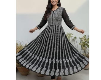 Black Chikankari Anarkali Kurti | Black Anarkali Dress | Pure Hand Thread Embroidery | Indian Anarkali Set for Women | Black Anarkali Women