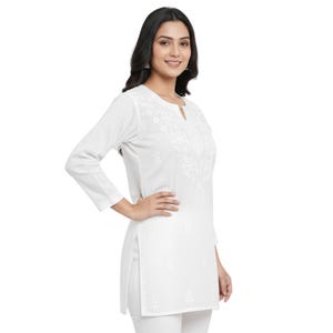 White Chikankari Short Cotton Kurti: Hand Embroidered White Kurta Top | Traditional Indian Tunic Top | Boho Summer Wear for Women Size 38-46 image 2