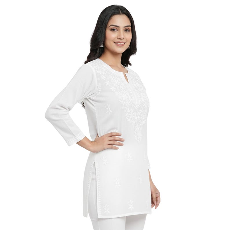 White Chikankari Short Cotton Kurti: Hand Embroidered White Kurta Top | Traditional Indian Tunic Top | Boho Summer Wear for Women Size 38-46 image 2