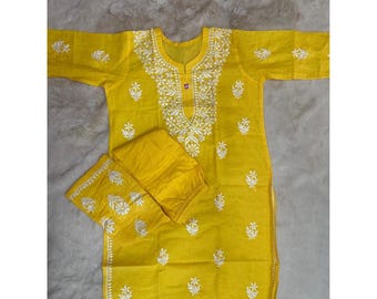 New Lucknowi Yellow Cotton Kurta Set Chikankari kurta and Palazzo Set Handwork with Ghaspatti work Cotton Fabric Cotton All Set Size 38-44