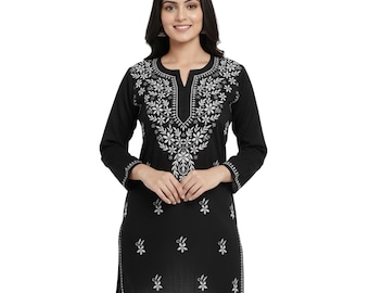 Black Chikankari Short Cotton Kurti: Hand Embroidered Kurta Top | Traditional Indian Tunic Top | Boho Summer Wear for Women Size 38-46