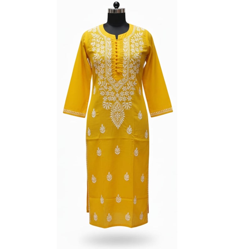 Chikankari Yellow Cotton Kurti: Indian Salwaar Kameez Women | Lucknowi Kurti/Kurta for Girls | Hand Embroidered Pure Cotton Kurta for Women image 5