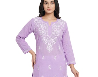 Lucknowi Cotton Kurti: Chikankari Embroidery Short Top, Women's Ethnic Wear