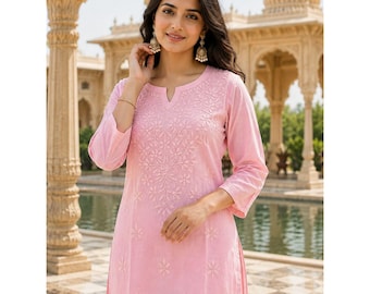Hand Embroidered Premium Cotton Short Fancy Kurti Dyed: Chikankari Embroidery Short Top, Women's Indian Tunic Dress