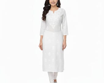 Weiß Chikankari Baumwolle Kurti: Bestickte Baumwolle Kurta für Frauen | Weiße Baumwolle Kurta/Kurti | Weißes Kurti für Frauen 38-46