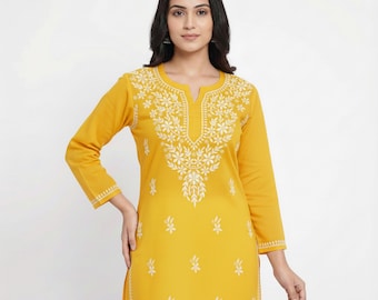 Yellow Chikankari Short Cotton Kurti: Hand Embroidered Kurta Top | Traditional Indian Tunic Top | Boho Summer Wear for Women Size 38-46