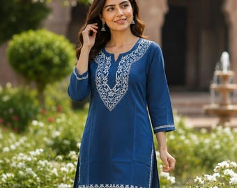 Handmade Blue Cotton Short Kurti | Cotton Gala Daman Tunic Short Kurta | Chikankari Hand Embroidered Short Dress Size 38-44