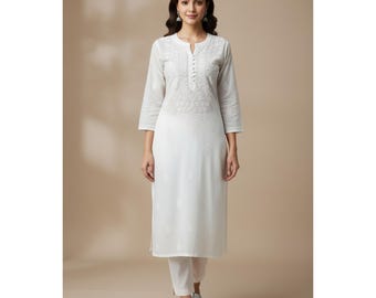Kurti de algodón Chikankari blanco: Kurta de algodón puro bordado a mano blanco para mujer / Salwaar Kameez indio / Lucknowi Kurti/Kurta para niñas
