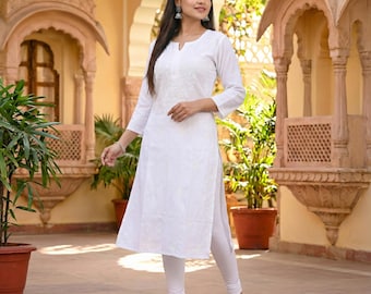Witte chikankari-katoen Kurti: witte handgeborduurde Salwaar Kameez voor dames | Indiase witte kurta met broek | Indiase feestjurk