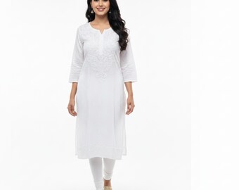 Kurti de algodón blanco Chikankari: Kurta de algodón blanco con patrón Dolby bordado a mano / Kameez de algodón puro suave de primera calidad / Kurti de algodón para mujer