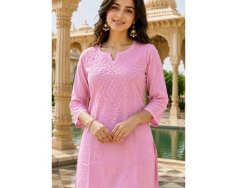 Hand Embroidered Premium Cotton Short Fancy Kurti Dyed: Chikankari Embroidery Short Top, Women's Ethnic Wear
