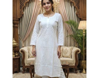 Kurti de algodón blanco teñible: Kurta de algodón Lucknowi para mujeres/niñas / Vestido blanco Chikankari bordado a mano / Kurti de algodón indio blanco