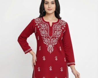 Red Chikankari Short Cotton Kurti: Hand Embroidered Kurta Top | Traditional Indian Tunic Top | Boho Summer Wear for Women Size 38-46