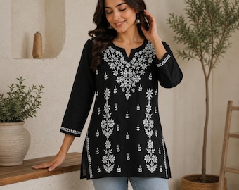 Hand Embroidered Chikankari Kurti: Black Modal Lucknowi Top