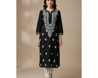 Black Chikankari Cotton Kurti: Black Hand Embroidered Pure Cotton Kurta for Women | Indian Salwaar Kameez | Lucknowi Kurti/Kurta for Girls