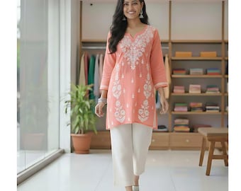Chikankari Pink Short Kurti: Tela modal bordada a mano Lucknowi Top Kurta / Indian Short Kurti / Boho Ethnic Wear Short Kameez 38-46