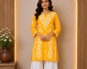 Yellow Chikankari Modal Kurti: Hand Embroidered Lucknowi Boho Ethnic Top