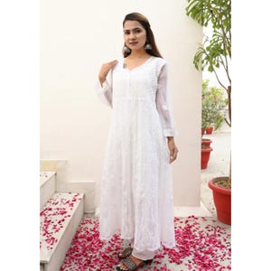 White Chikankari Anarkali Kurti | White Anarkali Dress | Pure Hand Thread Embroidery | Indian Anarkali Set for Women | White Anarkali Gown image 10