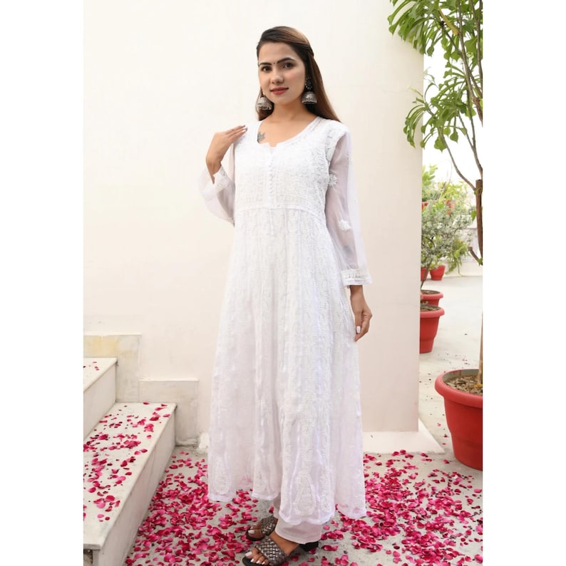 White Chikankari Anarkali Kurti | White Anarkali Dress | Pure Hand Thread Embroidery | Indian Anarkali Set for Women | White Anarkali Gown image 10