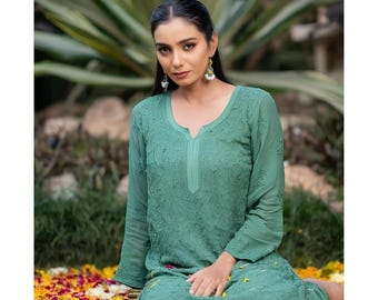 New Premium Dyeable Pure Viscose Resham Work Kurti Front Jaal Kurta | Lucknowi Chikankari Long Kurti for Women with White Viscose Pant 36-48