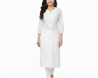 Chikankari White Cotton Kurti: Hand Embroidered Cotton Kurta for Women | Embroidery Long Cotton Kurta/Kurti | Indian Cotton Kurti with Pant