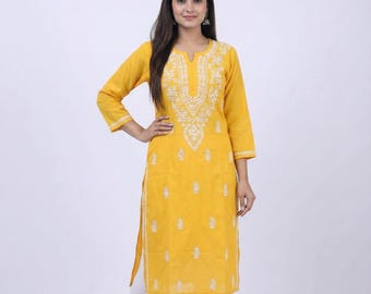 Gelbe Chikankari Baumwolle Kurti: Hand bestickt Salwaar Kameez für Frauen | Alltagskleidung Kurta/Kurti | Party Wear Indisches Baumwollkleid 38-46