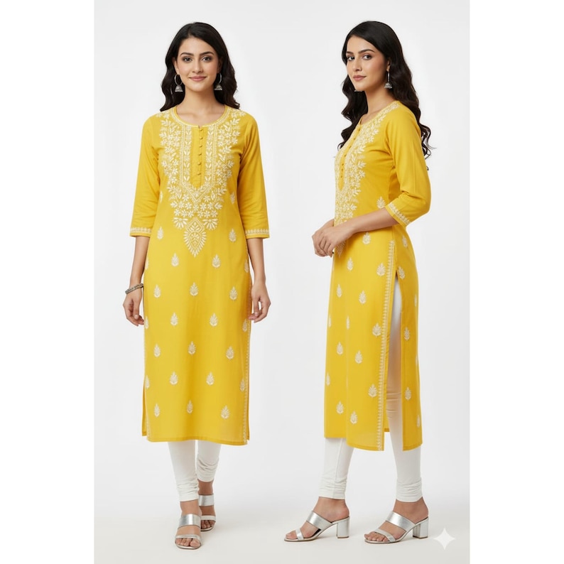 Chikankari Yellow Cotton Kurti: Indian Salwaar Kameez Women | Lucknowi Kurti/Kurta for Girls | Hand Embroidered Pure Cotton Kurta for Women image 3
