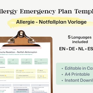 Puede incluir: Un portapapeles con una plantilla de plan de emergencia para alergias. El documento incluye secciones para síntomas leves y graves, con texto en inglés, alemán, holandés, español y francés. La plantilla es editable en Canva, imprimible en A4 y de descarga instantánea.