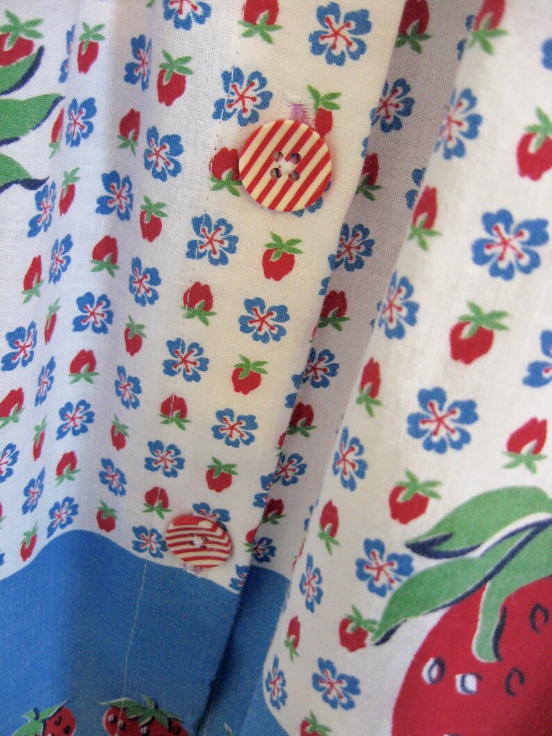 OOAK Girls Pinafore Dress Sundress in Vintage Strawberry Floral Border Print Cotton sz 5 Red White Blue
