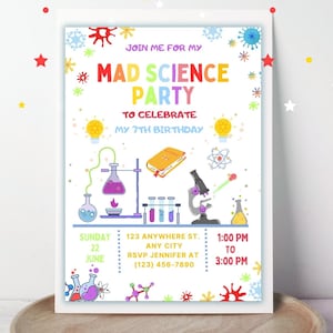 May include: A colorful invitation for a Mad Science Party, featuring lab equipment illustrations and the text "Mad Science Party" in bright colors. The invitation includes event details such as date, time, and RSVP information. The invitation is on a wooden tray.
