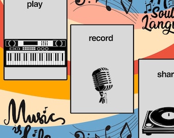 May include: A graphic design with the words "Music is the Soul of Language" and "Music is Life". The design includes a keyboard, a microphone, and a record player, with musical notes and the words "play", "record", and "share".