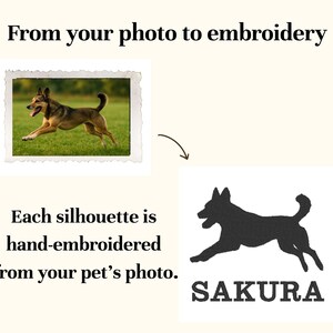 Puede incluir: Imagen que muestra una foto de un perro transform&aacute;ndose en una silueta negra. El texto dice "De tu foto al bordado" y "Cada silueta est&aacute; bordada a mano a partir de la foto de tu mascota". El nombre del perro, Sakura, est&aacute; debajo.