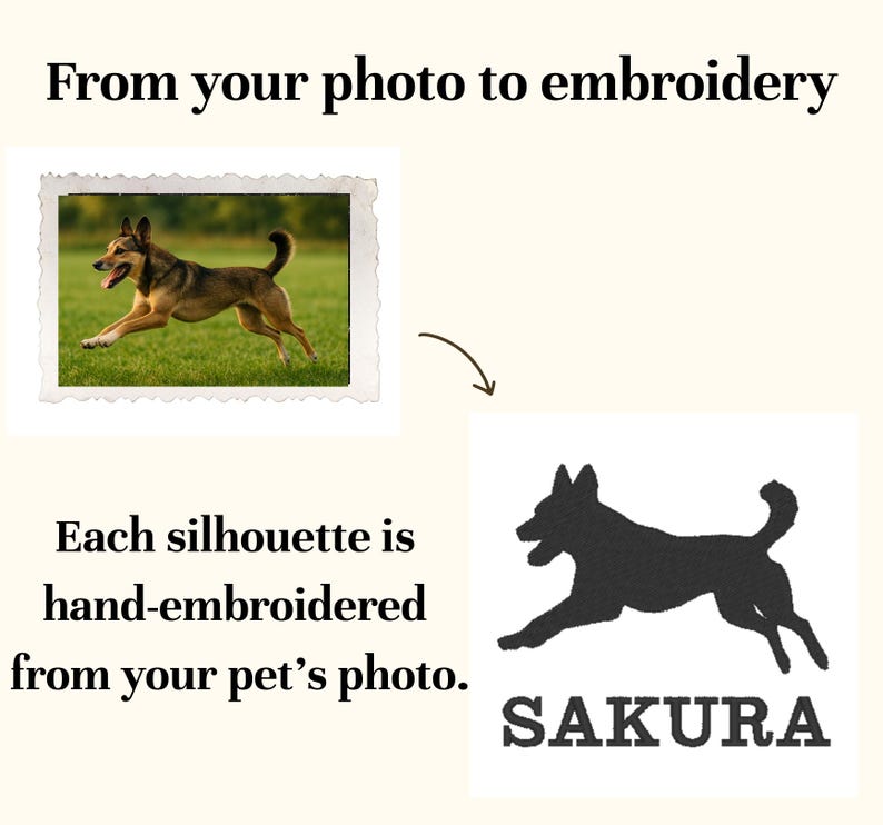 Puede incluir: Imagen que muestra una foto de un perro transform&aacute;ndose en una silueta negra. El texto dice "De tu foto al bordado" y "Cada silueta est&aacute; bordada a mano a partir de la foto de tu mascota". El nombre del perro, Sakura, est&aacute; debajo.