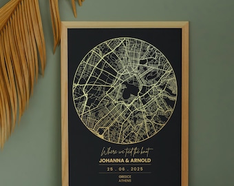Gepersonaliseerde foliedruk ronde kaart van elke locatie, aangepaste A4 foliedruk, kaartprint metallic folie, locatie print, muurdecor foliedruk