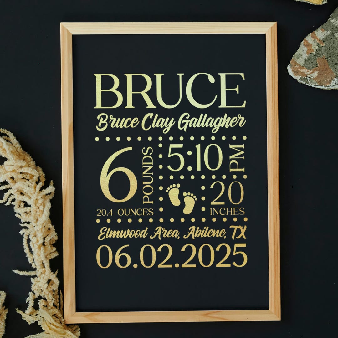 Custom A4 Foil Baby Birth Stat Print, Custom Birth Stats Metallic Foil ...