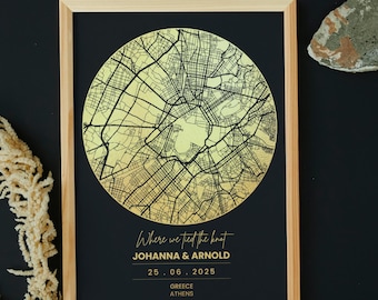 Gepersonaliseerde foliedruk ronde kaart van elke locatie, aangepaste A4 foliedruk, kaartprint metallic folie, locatie print, muurdecor foliedruk